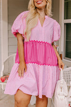 Load image into Gallery viewer, Pink Ricrac Block Accent Puff Short Sleeve Flowy Plus Dress
