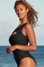 Cargar imagen en el visor de la galería, Black Ribbed One Shoulder Hollowed One Piece Swimsuit
