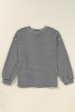 Cargar imagen en el visor de la galería, Black Stripe Drop Shoulder Puff Long Sleeve O Neck Plus Size T Shirt
