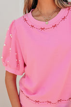 Load image into Gallery viewer, Pink Contrast Bow Trim Pearl Puff Sleeve Blouse and Skort 2pcs Set
