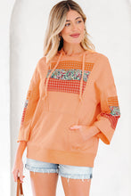 Load image into Gallery viewer, Grapefruit Orange Plaid Floral Patchwork Kangaroo Pocket Hooded Long Sleeve Top
