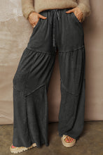 Cargar imagen en el visor de la galería, Black Mineral Wash Tiered Wide Leg Patchwork Drawstring Pants
