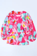 Load image into Gallery viewer, Pink Curvy Girl Graffiti Print Split Neck Puff Sleeve Blouse
