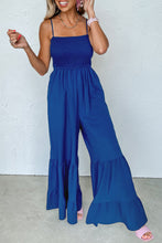 Cargar imagen en el visor de la galería, Navy Blue Spaghetti Straps Smocked Ruffled Wide Leg Jumpsuit
