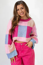 Cargar imagen en el visor de la galería, Rose Red Color Block Drop Shoulder Crewneck Loose Fit Sweater
