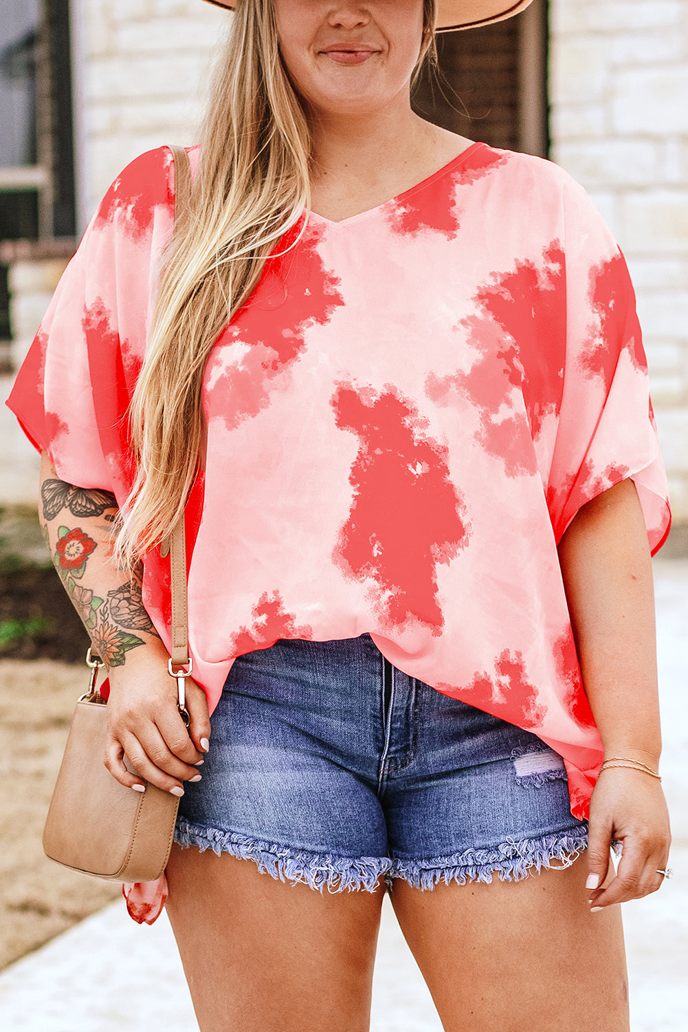 Red Curvy Girl Tie-dye Print 3/4 Sleeve Tunic Top