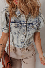 Load image into Gallery viewer, Beau Blue Light Wash Buttoned Chest Pocket Puff Sleeve Denim Jacket
