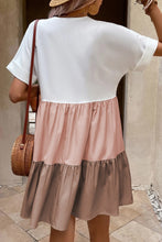 Cargar imagen en el visor de la galería, Light French Beige Triple Colors V Neck Folded Cuffs Tiered Loose Dress
