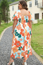 Cargar imagen en el visor de la galería, Orange Plus Size Flower Print Shirred Square Neck Maxi Dress
