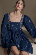 Load image into Gallery viewer, Blue Floral Embroidered Square Neck Puff Sleeve Ruffled Mini Dress

