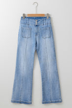 Load image into Gallery viewer, Light Blue Fly Button Exposed Seam Patched Pocket Flare Jeans
