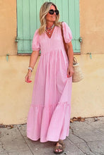 Load image into Gallery viewer, Pink Stripe V Neck Puff Short Sleeve Maxi Dress
