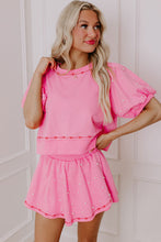 Load image into Gallery viewer, Pink Contrast Bow Trim Pearl Puff Sleeve Blouse and Skort 2pcs Set
