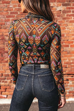 Cargar imagen en el visor de la galería, Color black Abstract Print Long Sleeve Stand Neck Mesh Top
