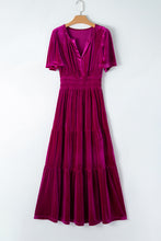 Cargar imagen en el visor de la galería, Red Dahlia Velvet Short Sleeve Shirred Waist Tiered Maxi Dress
