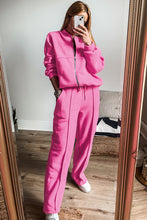 Cargar imagen en el visor de la galería, Bright Pink Solid Seamed Zipper Jacket and Drawstring Waist Pants Set
