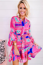 Cargar imagen en el visor de la galería, Rose Boho Abstract Printed Puff Sleeve Drawstring Waist Ruffled Mini Dress
