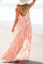 Load image into Gallery viewer, Orange Abstract Print Spaghetti Straps Backless Tiered Maxi Dress
