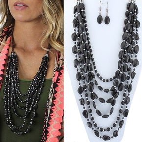 Black Turquoise with Leather Necklace and Earring Set